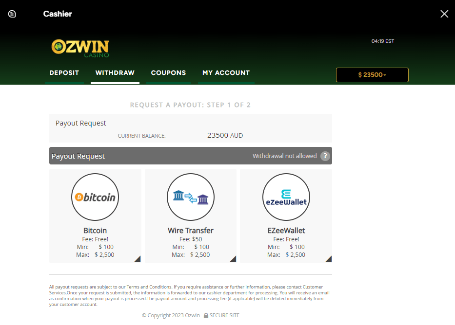 Ozwin Casino Withdrawal Options